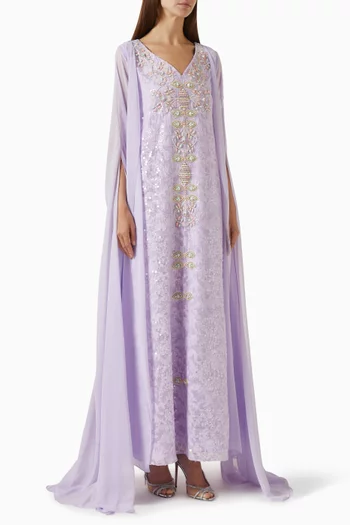 Embellished Cape Dress in Chiffon & Crepe