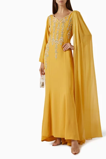 Embroidered Shawl Dress in Crepe
