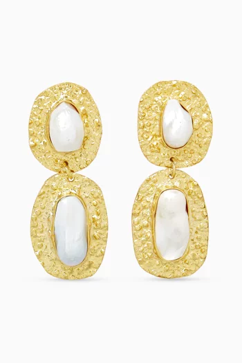 Double Oval Pearl Drop Earrings in 18kt Gold-plated Metal