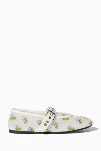 Floral-embroidered Ballet Flats in Mesh