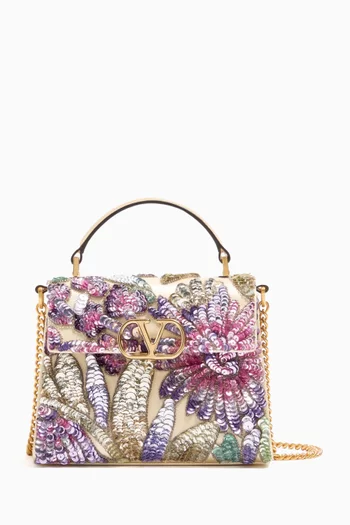 Mini VSling Embroidered Top-handle Bag in Satin