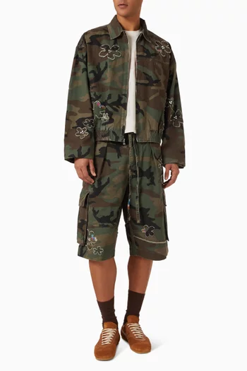 Floral Patch Crystal Camo Bomber Jacket in Cotton