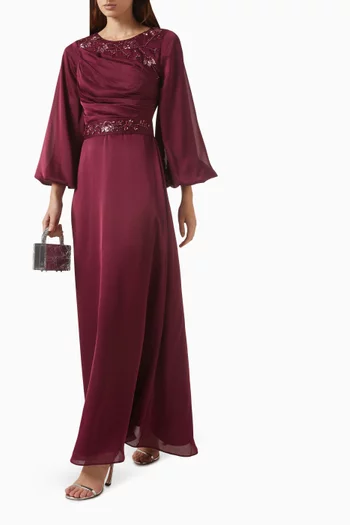 Draped Beaded Maxi Dress in Chiffon