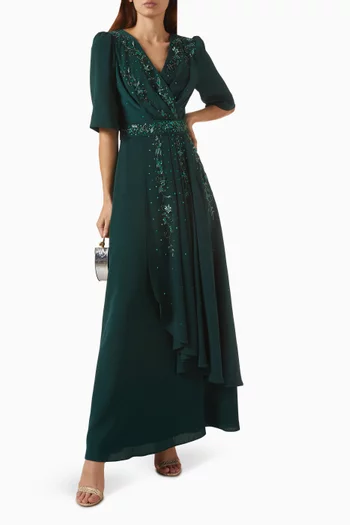 Wrap Beaded Maxi Dress in Crepe Satin