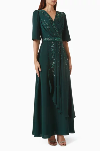 Wrap Beaded Maxi Dress in Crepe Satin