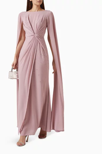 Knot Cape-sleeve Maxi Dress in Crepe Satin