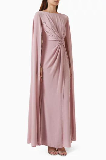 Knot Cape-sleeve Maxi Dress in Crepe Satin