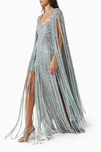 Sequin Fringe Cape Gown