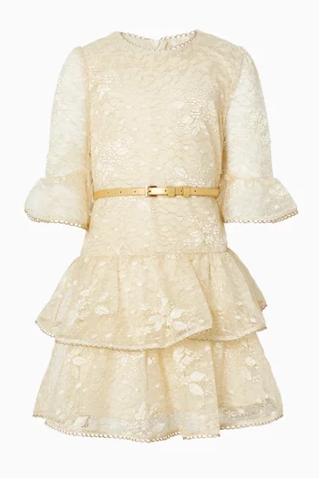 Tanya Belted Frill Mini Dress in Lace