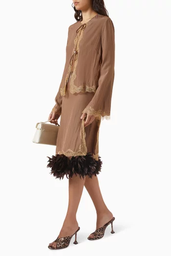 Velino Feather-trim Lace Midi Skirt in Satin