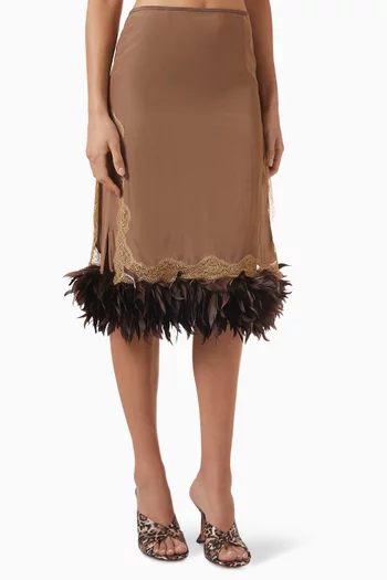 Velino Feather-trim Lace Midi Skirt in Satin