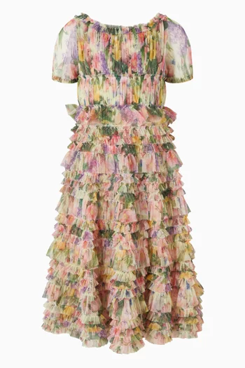 Floral Scoop Ruffle Dress in Mesh