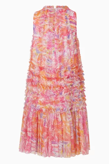 Sleeveless Floral Ruffle Dress in Mesh