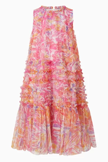 Sleeveless Floral Ruffle Dress in Mesh