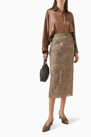 Dazzling Cacao Leaves Embroidery Midi Skirt