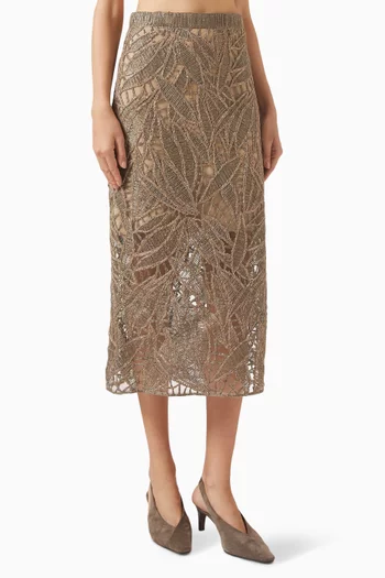Dazzling Cacao Leaves Embroidery Midi Skirt