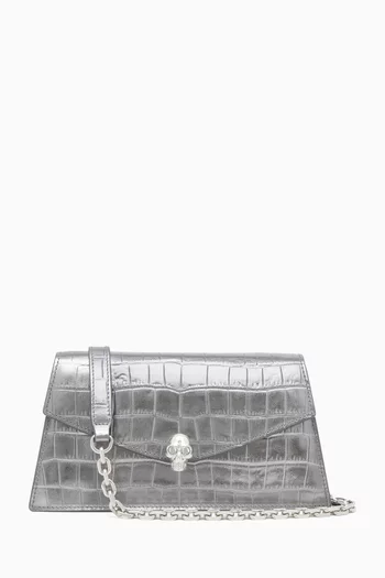 Skull Mini Clutch in Metallic Croc-Effect Leather