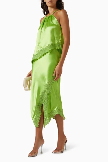 Heylin Asymmetrical Hem Midi Skirt in Satin