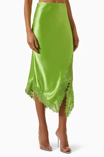 Heylin Asymmetrical Hem Midi Skirt in Satin