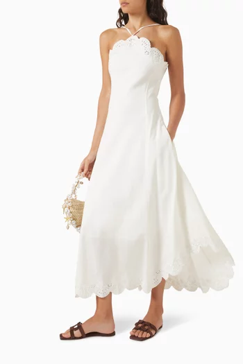 Gillian Embroidered Midi Dress in Linen