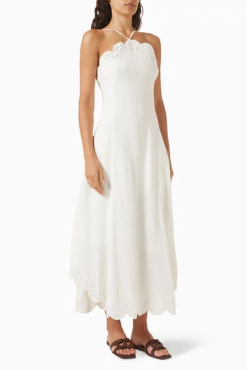 Gillian Embroidered Midi Dress in Linen