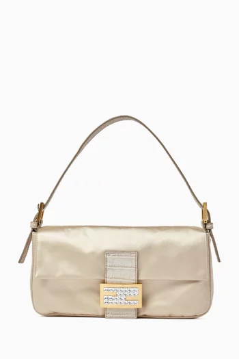 2000s Baguette Shoulder Bag in Silk-satin & Croc Embossed Leather