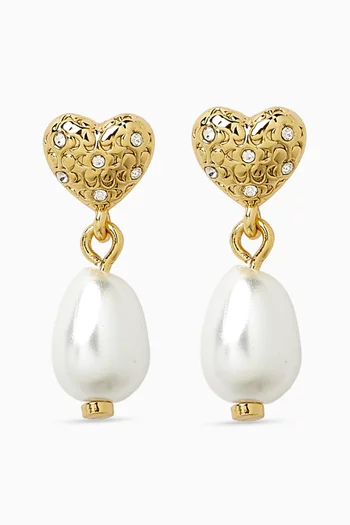 Heart Crystal Pearl Drop Earrings in Metal
