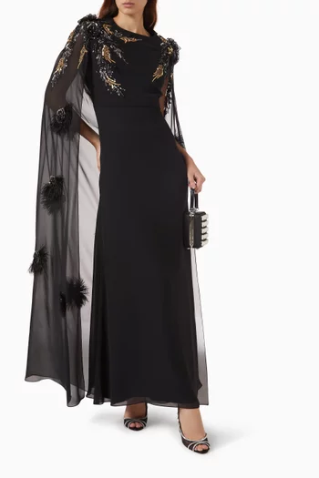 Embellished Cape Maxi Dress in Crepe