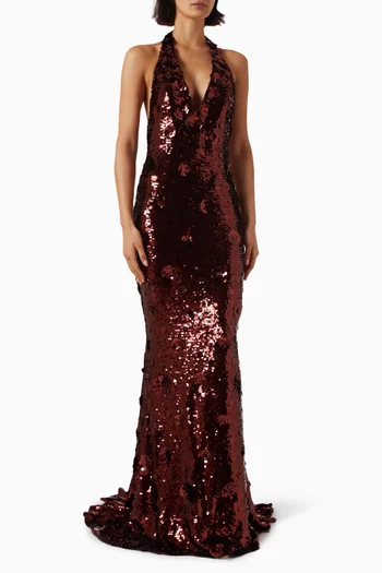 Sequin-embellished Halter Gown