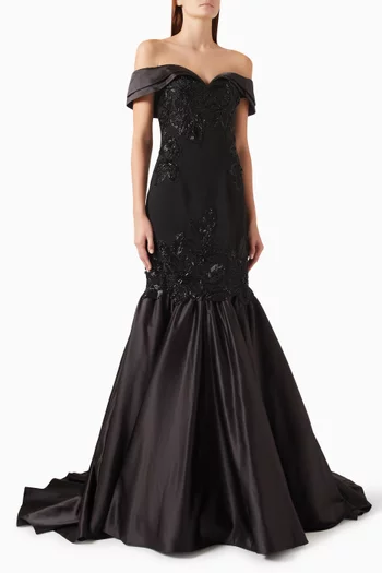 Off-shoulder Beaded Mermaid Gown in Crepe