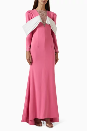 Beaded Mesh-insert Maxi Dress in Scuba