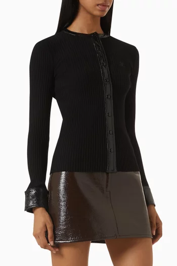 Contrasted Vinyl Cardigan in Rib-knit