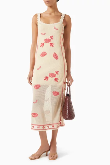 Floral Embroidered Midi Dress in Cotton