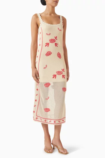 Floral Embroidered Midi Dress in Cotton