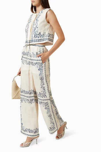 Flowy Floral-embroidered Pants in Linen