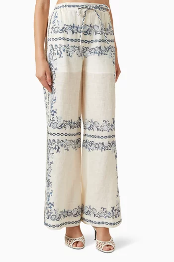 Flowy Floral-embroidered Pants in Linen
