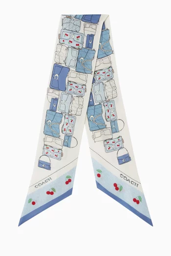 Tabby & Cherry-print Skinny Scarf in Silk