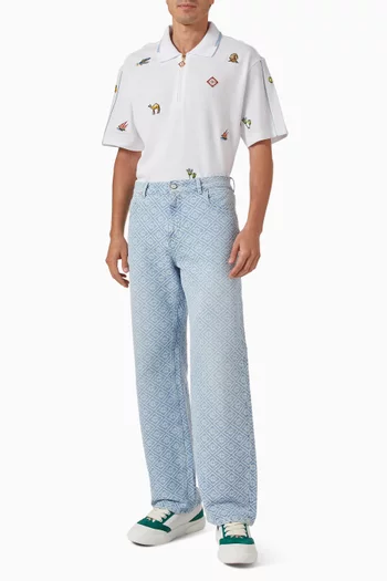 Icon Quarter Zip Embroidered Polo Shirt in Cotton Pique