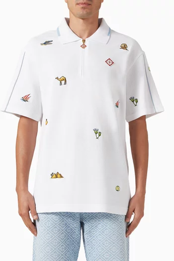Icon Quarter Zip Embroidered Polo Shirt in Cotton Pique