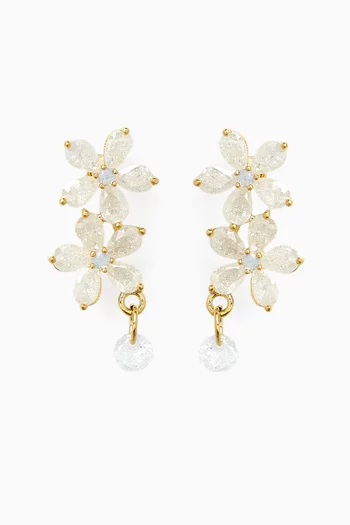Double Flower CZ Drop Earrings in Gold-plated Brass