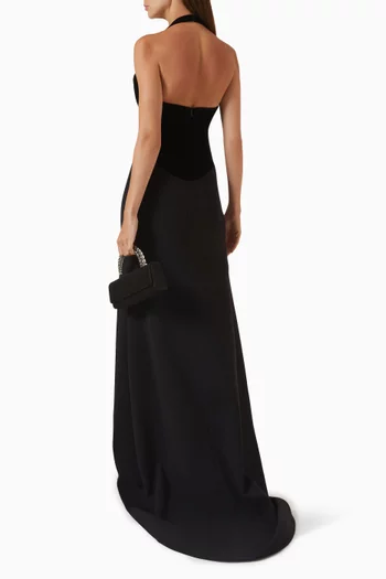 Hazal Halter-neck Gown in Velvet & Crepe