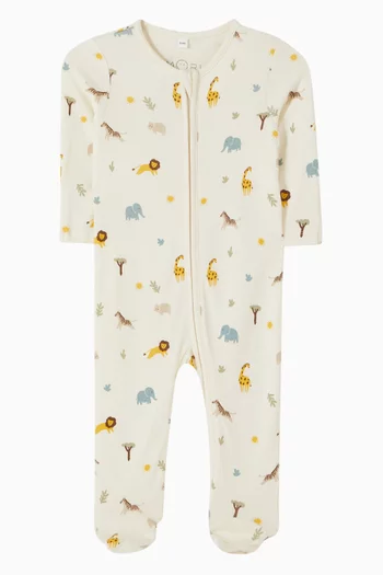 Safari-print Zip-up Sleepsuit