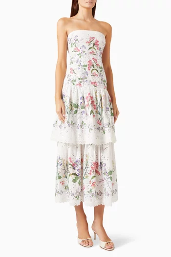 Printed Strapless Tiered Midi Dress
