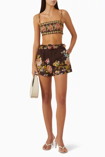 Yuna Floral Belted Shorts in Linen-cotton