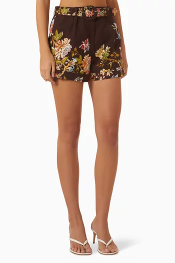 Yuna Floral Belted Shorts in Linen-cotton