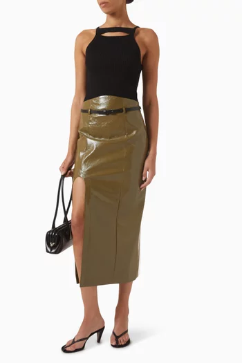 Ariana Belted Midi Skirt in Vegan Leather