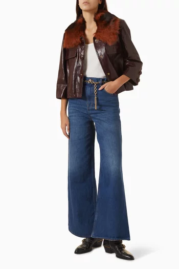 Shearling Collar Crop Jacket in Leather