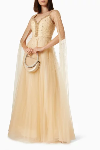 Pearl Embellished Cape Gown in Tulle
