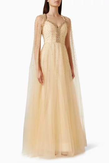 Pearl Embellished Cape Gown in Tulle