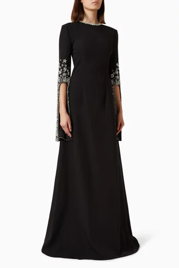 Floral Crystal-embellished Sleeves Gown in Crepe